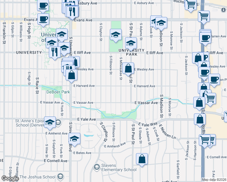 map of restaurants, bars, coffee shops, grocery stores, and more near 2530 South Fillmore Street in Denver