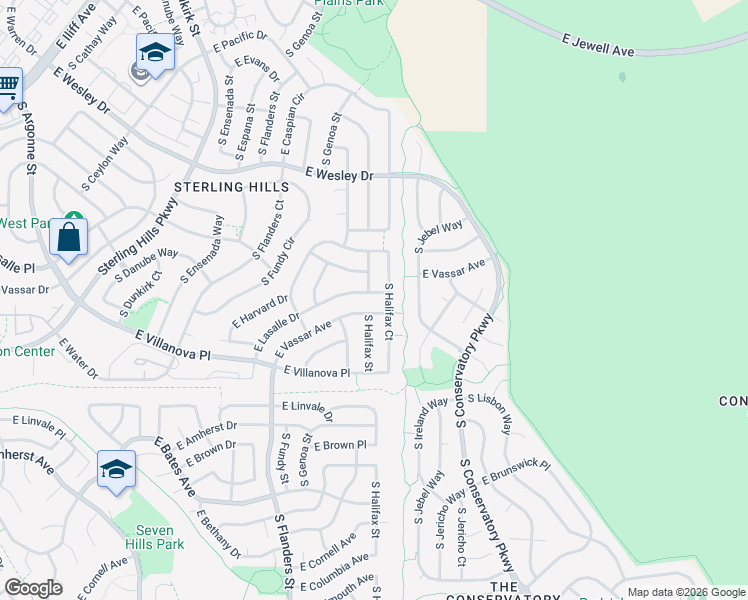 map of restaurants, bars, coffee shops, grocery stores, and more near 2588 South Halifax Court in Aurora