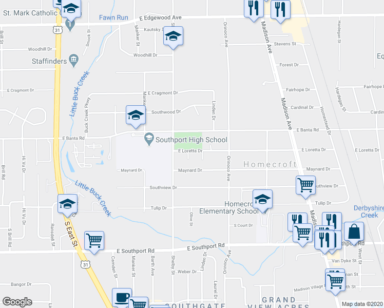 map of restaurants, bars, coffee shops, grocery stores, and more near 6617 Shelby Court in Indianapolis