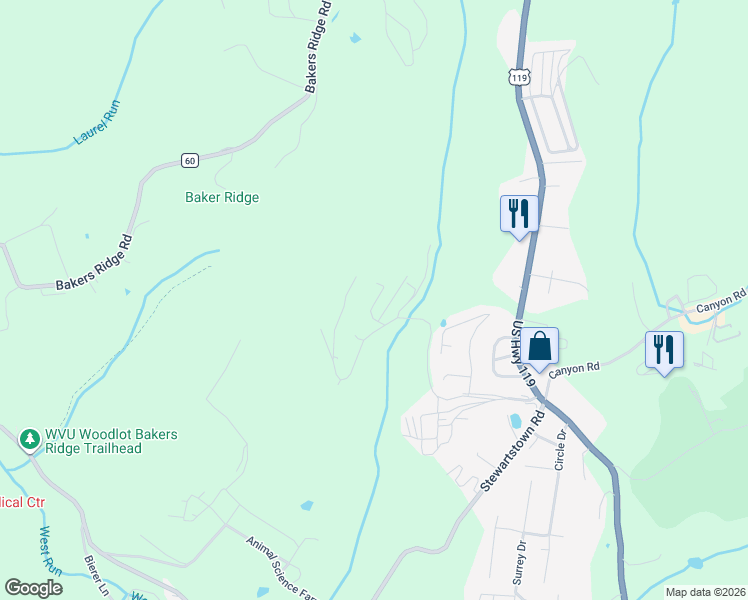 map of restaurants, bars, coffee shops, grocery stores, and more near 316 Farm View Road in Morgantown