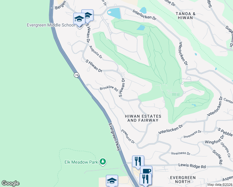 map of restaurants, bars, coffee shops, grocery stores, and more near 2459 Medinah Drive in Evergreen