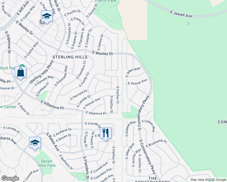 map of restaurants, bars, coffee shops, grocery stores, and more near 2588 South Halifax Court in Aurora