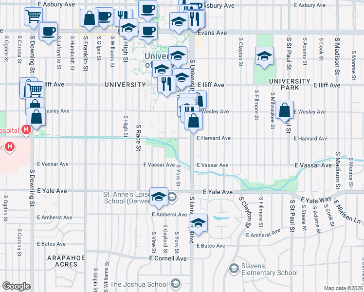 map of restaurants, bars, coffee shops, grocery stores, and more near in Denver