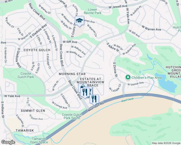 map of restaurants, bars, coffee shops, grocery stores, and more near 13778 West Amherst Way in Lakewood
