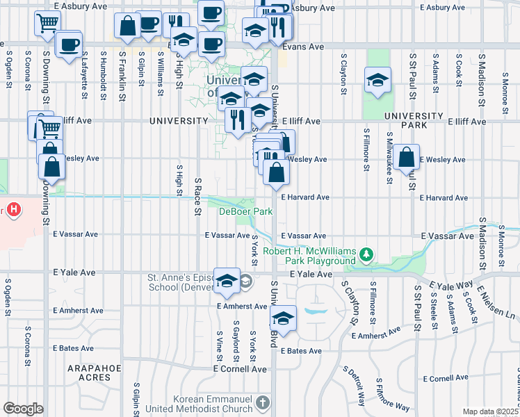 map of restaurants, bars, coffee shops, grocery stores, and more near 2500 South York Street in Denver