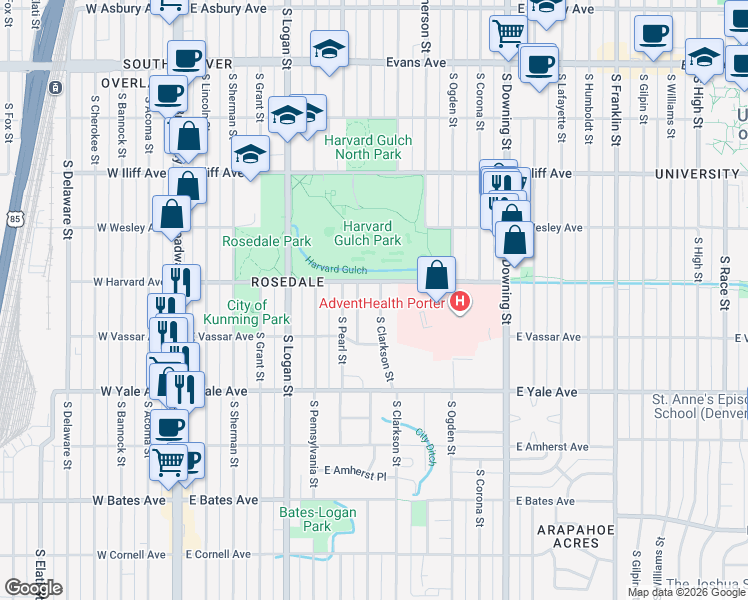 map of restaurants, bars, coffee shops, grocery stores, and more near 2525 South Clarkson Street in Denver