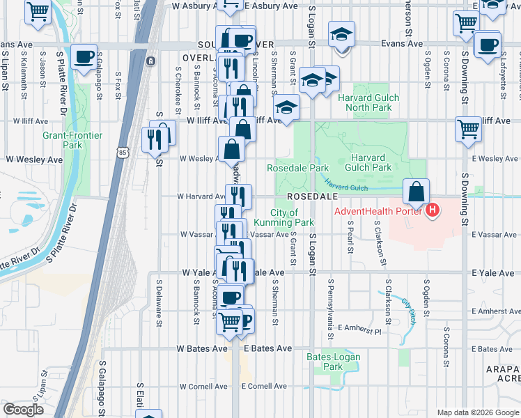 map of restaurants, bars, coffee shops, grocery stores, and more near 2543 South Lincoln Street in Denver