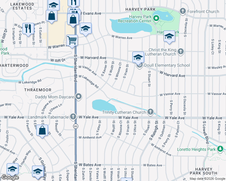 map of restaurants, bars, coffee shops, grocery stores, and more near 4660 West Vassar Avenue in Denver