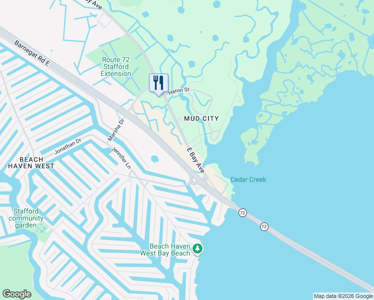 map of restaurants, bars, coffee shops, grocery stores, and more near 1321 East Bay Avenue in Stafford Township