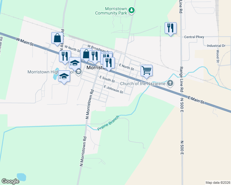 map of restaurants, bars, coffee shops, grocery stores, and more near 320 East Fletcher Street in Morristown