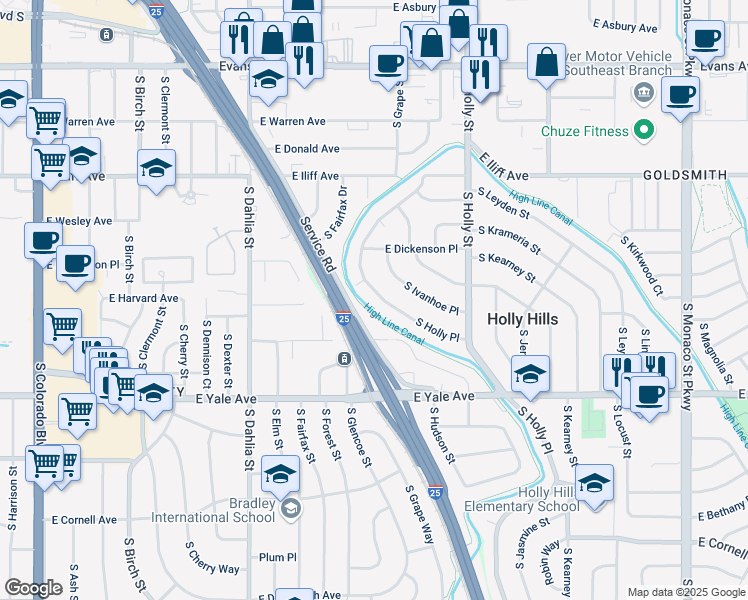 map of restaurants, bars, coffee shops, grocery stores, and more near 2507 South Holly Place in Denver