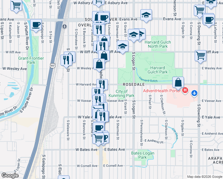 map of restaurants, bars, coffee shops, grocery stores, and more near 2543 South Lincoln Street in Denver