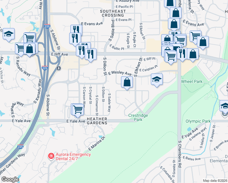 map of restaurants, bars, coffee shops, grocery stores, and more near 2514 South Dawson Way in Aurora