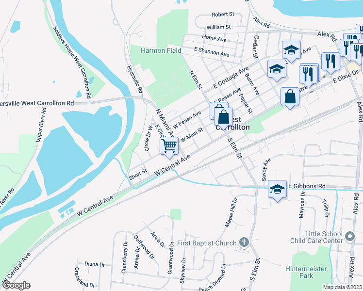 map of restaurants, bars, coffee shops, grocery stores, and more near 36 North Miami Avenue in West Carrollton