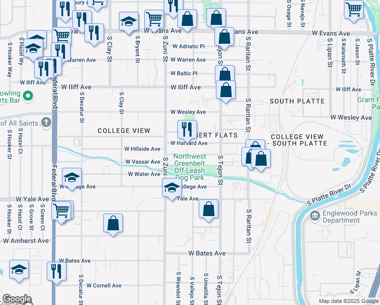map of restaurants, bars, coffee shops, grocery stores, and more near 2224 West Hillside Avenue in Englewood