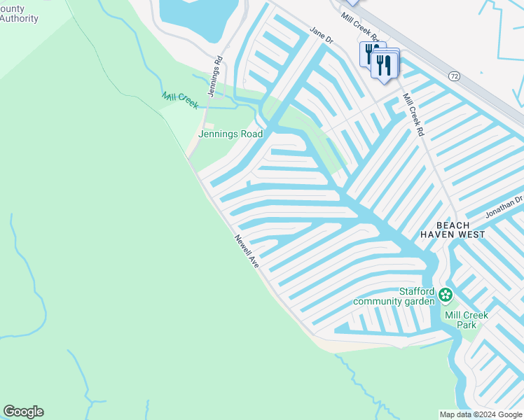 map of restaurants, bars, coffee shops, grocery stores, and more near 129 Bernard Drive in Stafford Township