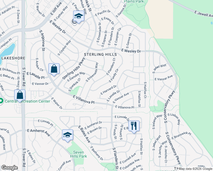 map of restaurants, bars, coffee shops, grocery stores, and more near 19691 East Harvard Drive in Aurora