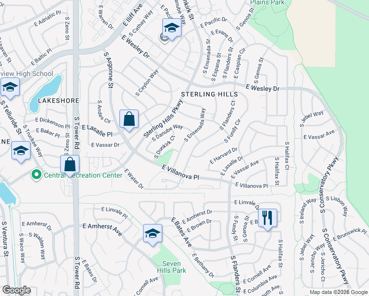 map of restaurants, bars, coffee shops, grocery stores, and more near 2612 South Ensenada Way in Aurora
