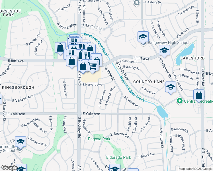 map of restaurants, bars, coffee shops, grocery stores, and more near 2516 South Pitkin Way in Aurora