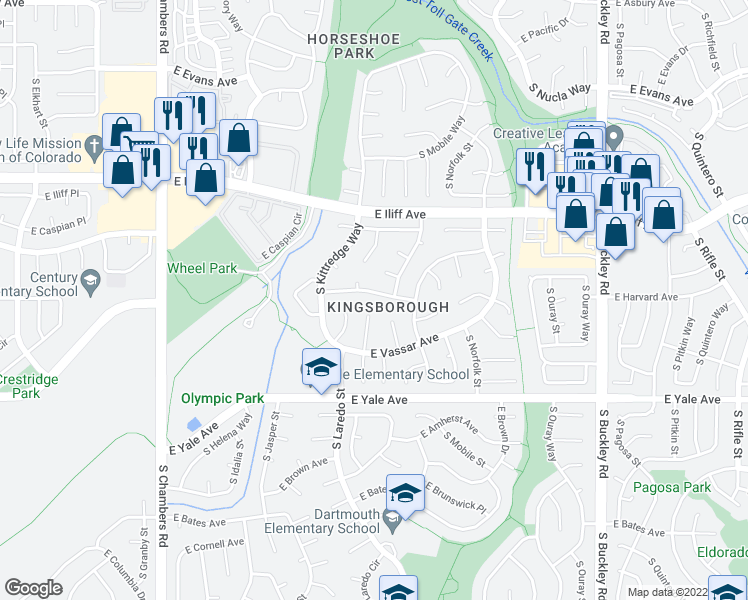 map of restaurants, bars, coffee shops, grocery stores, and more near in Aurora