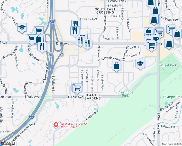 map of restaurants, bars, coffee shops, grocery stores, and more near 2546 South Cimarron Street in Aurora