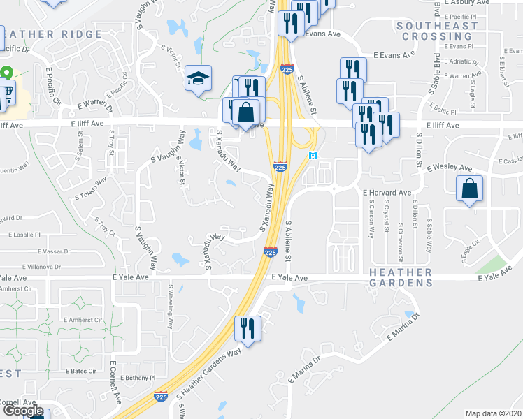 map of restaurants, bars, coffee shops, grocery stores, and more near 2489 South Xanadu Way in Aurora