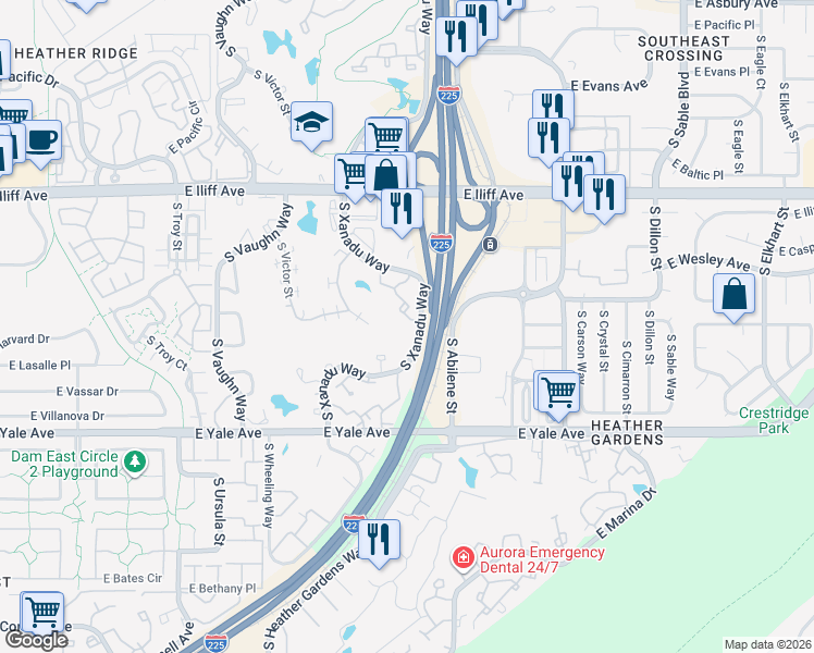 map of restaurants, bars, coffee shops, grocery stores, and more near 2489 South Xanadu Way in Aurora