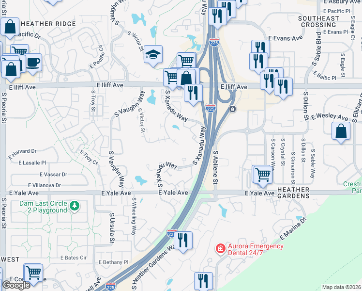 map of restaurants, bars, coffee shops, grocery stores, and more near 2511 Worchester Court in Aurora