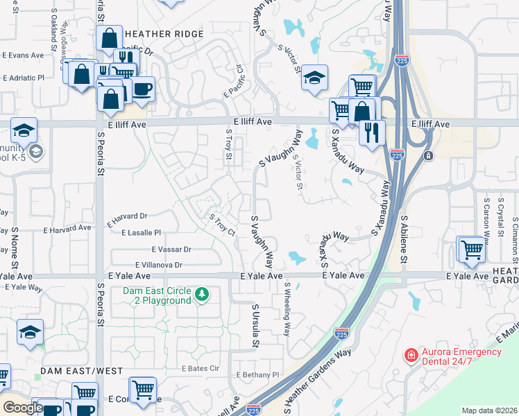 map of restaurants, bars, coffee shops, grocery stores, and more near 2570 South Tucson Way in Aurora