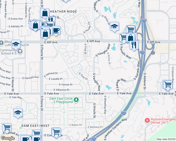 map of restaurants, bars, coffee shops, grocery stores, and more near 2555 South Tucson Circle in Aurora