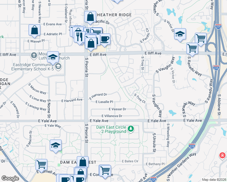 map of restaurants, bars, coffee shops, grocery stores, and more near 12337 East Harvard Drive in Aurora