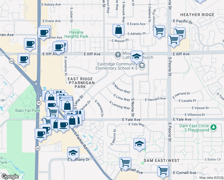 map of restaurants, bars, coffee shops, grocery stores, and more near 2425 South Lima Way in Aurora