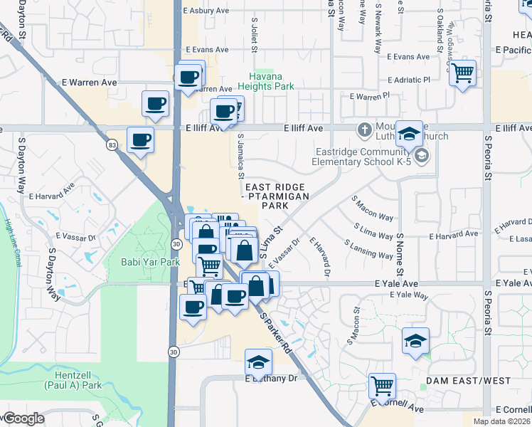 map of restaurants, bars, coffee shops, grocery stores, and more near 2566 South Joliet Court in Aurora