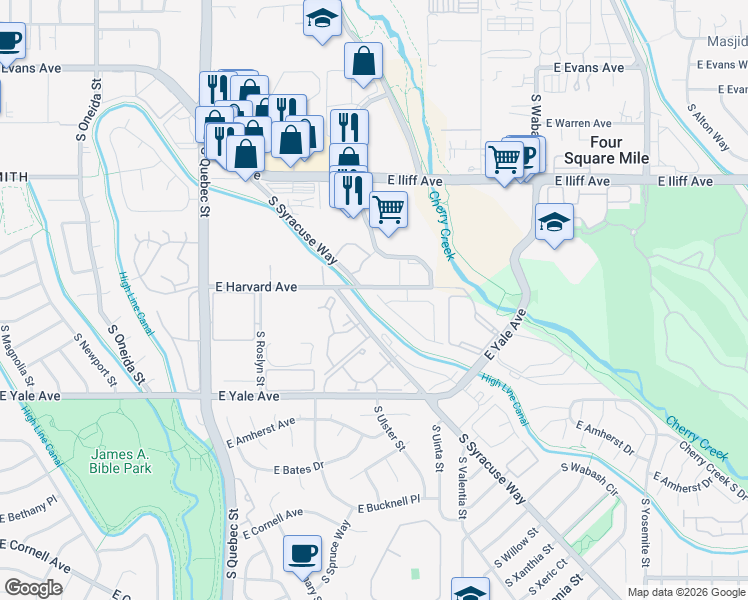 map of restaurants, bars, coffee shops, grocery stores, and more near 2550 South Syracuse Way in Denver