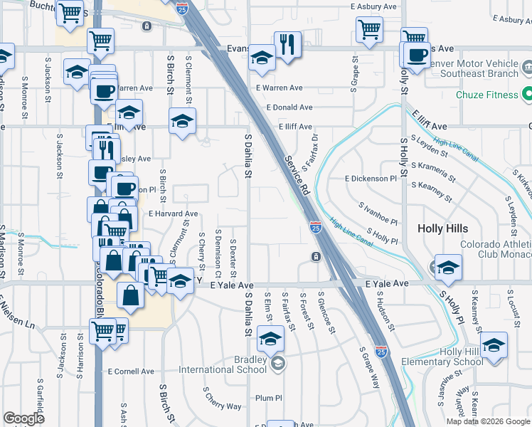 map of restaurants, bars, coffee shops, grocery stores, and more near 2540 South Dahlia Street in Denver