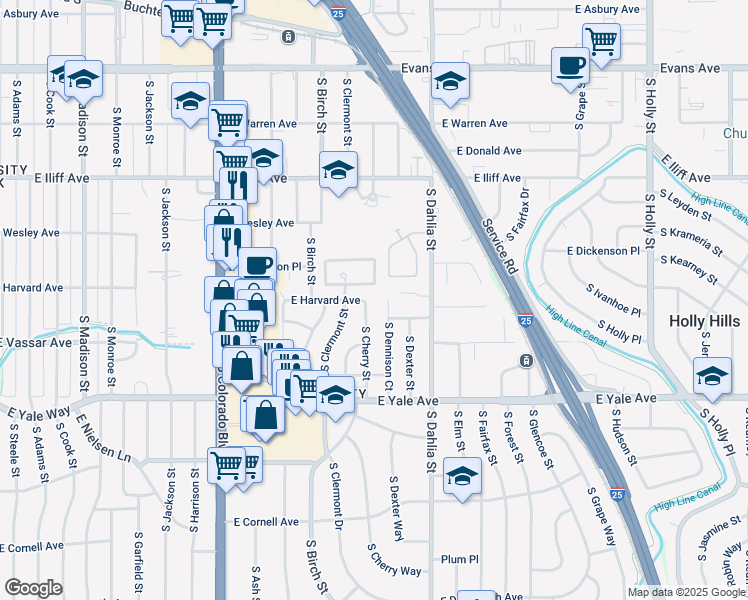 map of restaurants, bars, coffee shops, grocery stores, and more near 2510 South Cherry Street in Denver
