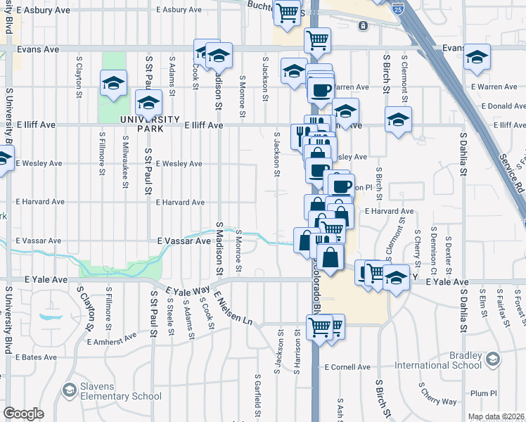 map of restaurants, bars, coffee shops, grocery stores, and more near 2551 South Garfield Street in Denver