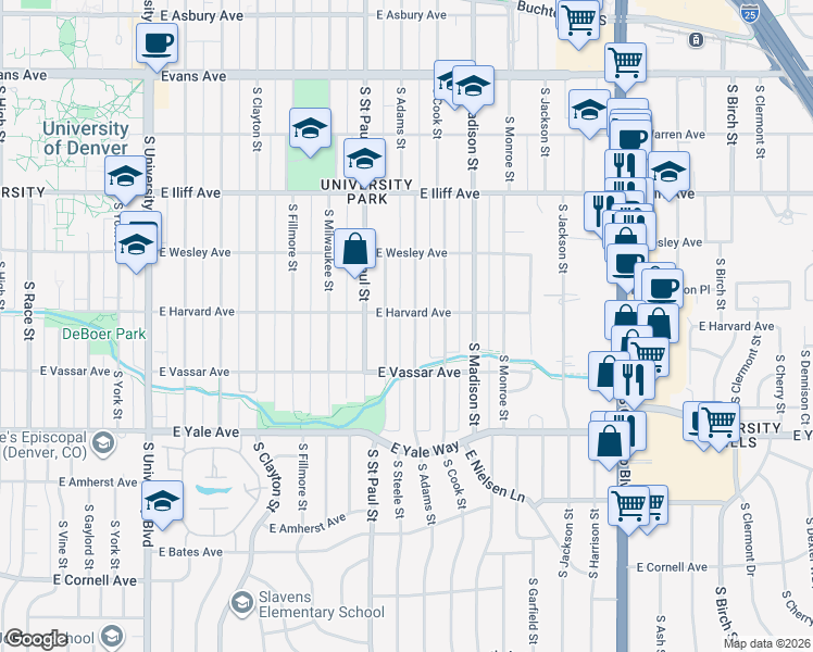 map of restaurants, bars, coffee shops, grocery stores, and more near 2535 South Adams Street in Denver