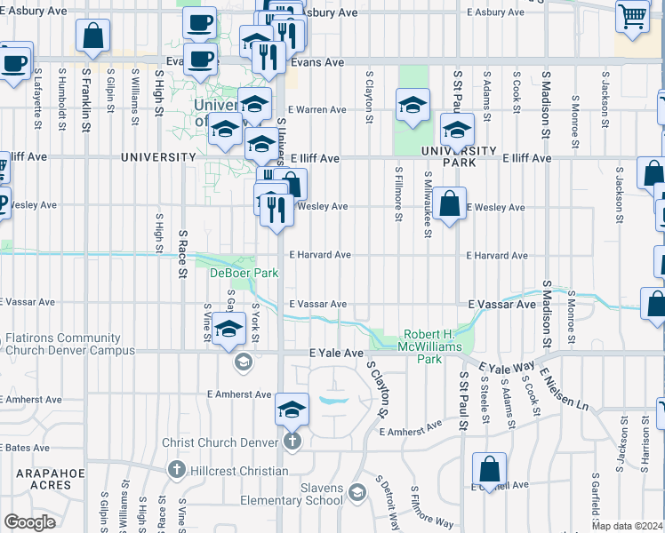 map of restaurants, bars, coffee shops, grocery stores, and more near 2536 South Columbine Street in Denver