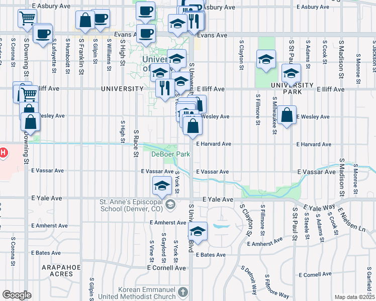 map of restaurants, bars, coffee shops, grocery stores, and more near 2527 South University Boulevard in Denver