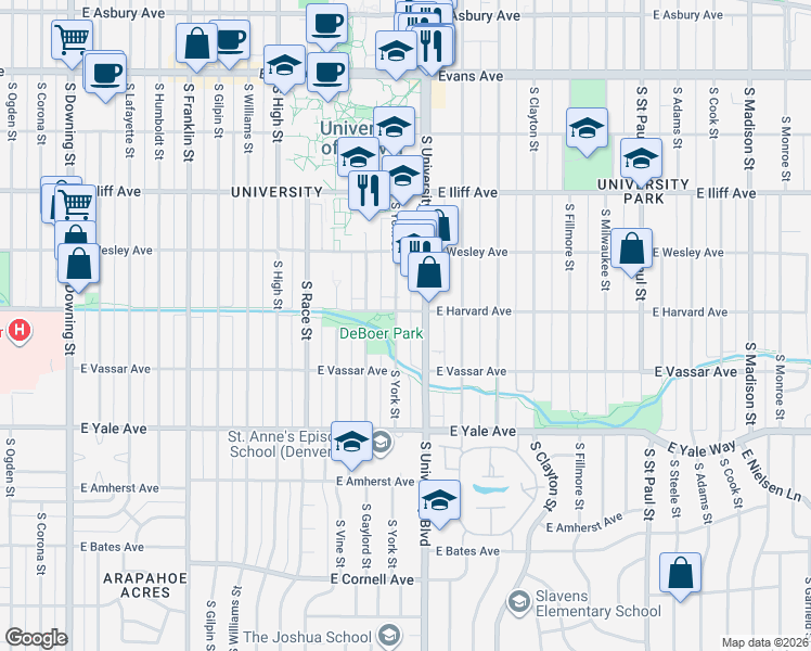 map of restaurants, bars, coffee shops, grocery stores, and more near 2527 South University Boulevard in Denver