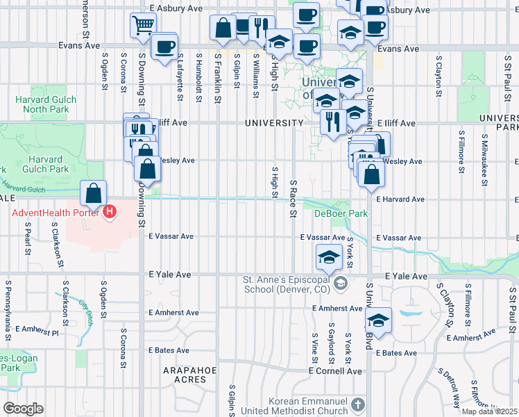 map of restaurants, bars, coffee shops, grocery stores, and more near 2535 South High Street in Denver