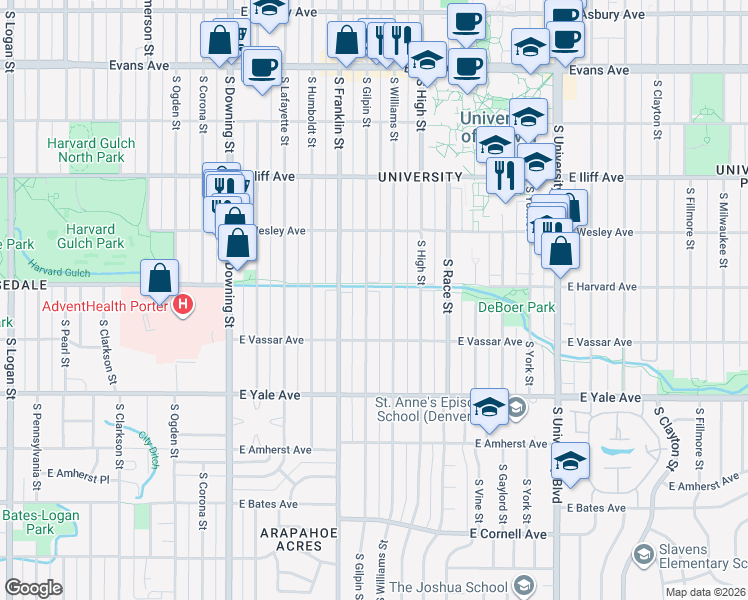map of restaurants, bars, coffee shops, grocery stores, and more near 2545 South Williams Street in Denver