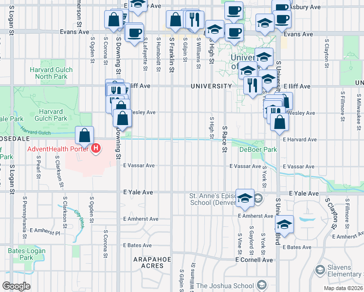map of restaurants, bars, coffee shops, grocery stores, and more near 2540 South Franklin Street in Denver