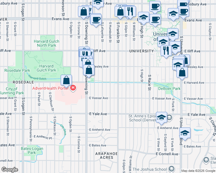 map of restaurants, bars, coffee shops, grocery stores, and more near 2545 South Humboldt Street in Denver