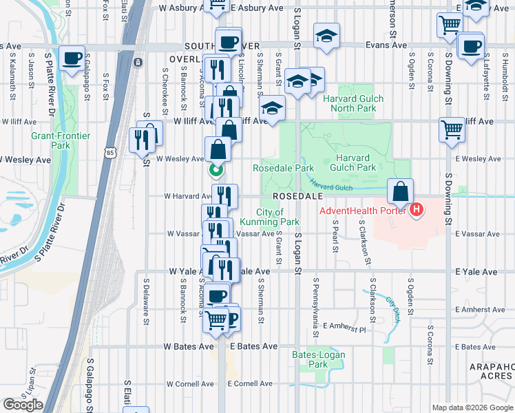 map of restaurants, bars, coffee shops, grocery stores, and more near 200 East Harvard Avenue in Denver
