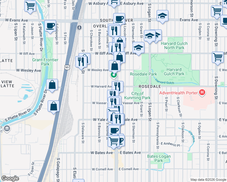 map of restaurants, bars, coffee shops, grocery stores, and more near 2537 South Broadway in Denver