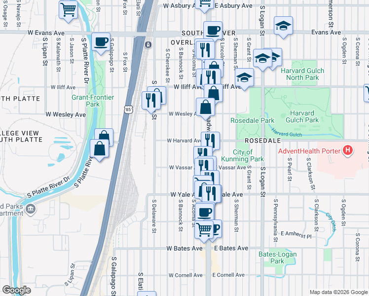 map of restaurants, bars, coffee shops, grocery stores, and more near 2538 South Bannock Street in Denver