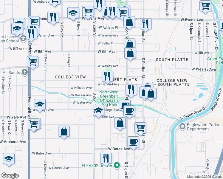 map of restaurants, bars, coffee shops, grocery stores, and more near 2224 West Hillside Avenue in Englewood