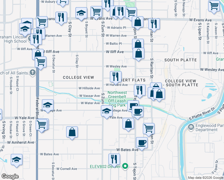 map of restaurants, bars, coffee shops, grocery stores, and more near 2334 West Hillside Avenue in Englewood